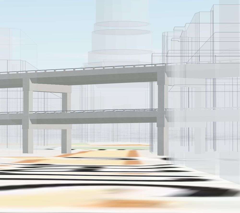 Telephoto render along Fulton Street to the double deck and City Hall