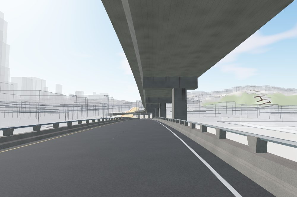 Render on the lower deck of the Broadway ramp under the offset upper deck