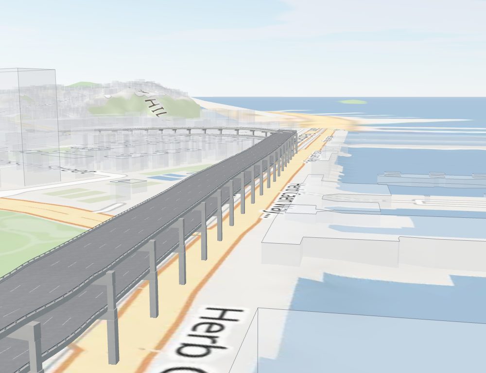 Render from the Ferry Building tower looking northwest along the double deck