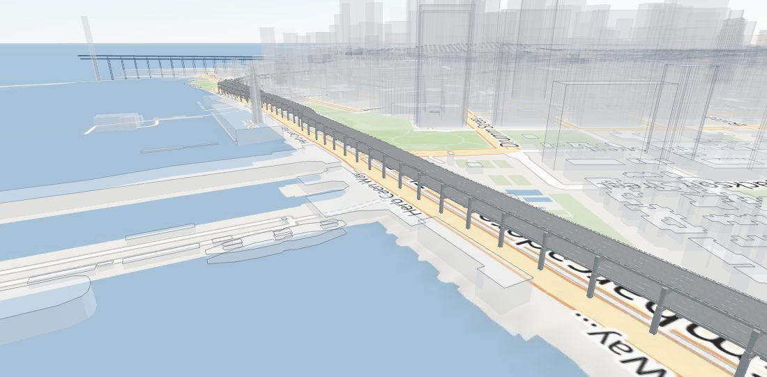 Render of the 3D model looking south along The Embarcadero from above Broadway: the double-deck freeway curves along the waterfront toward the Ferry Building, in its new 1959 concrete.