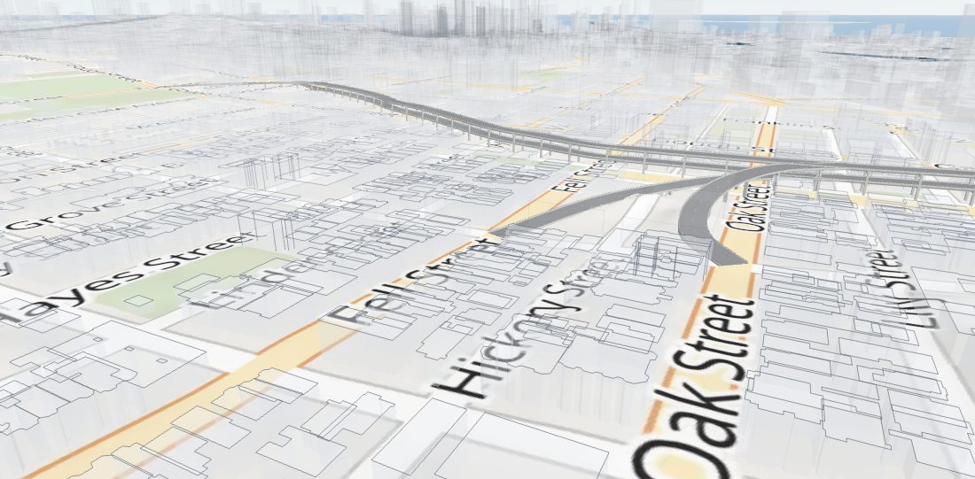 Render of the 3D model looking north-east over Hayes Valley: the Fell and Oak ramps drop to Laguna in front, and the double-deck Central Freeway runs on north of Fell, cutting diagonally across the blocks.