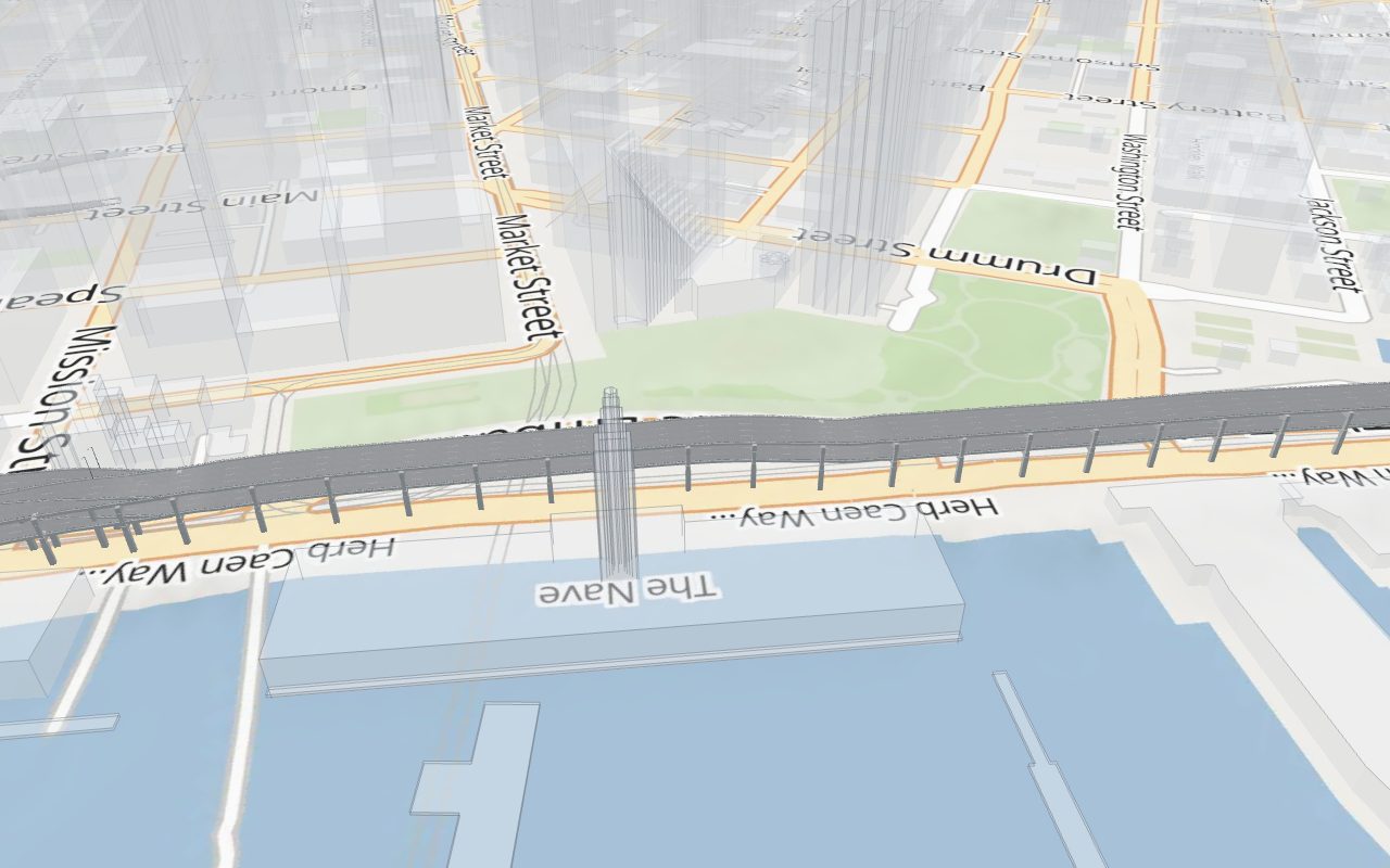 Still from the 3D model: the double deck running along The Embarcadero in front of the Ferry Building, seen from above the bay.