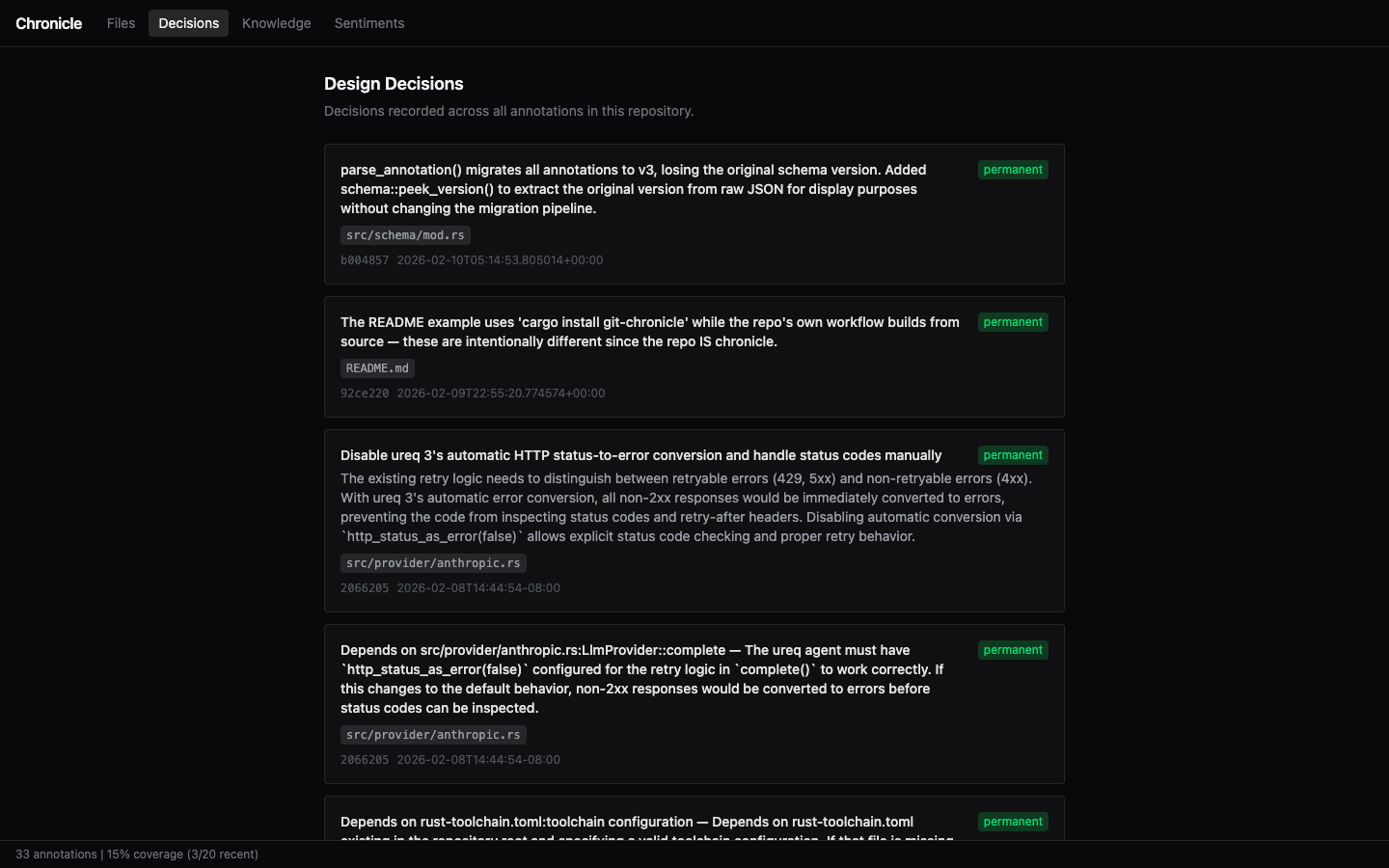The Decisions page of the web viewer, listing design decisions agents recorded while building Chronicle