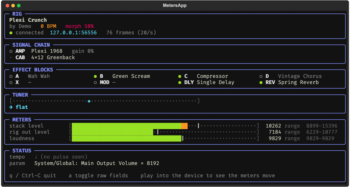 The terminal meters view showing a rig, signal chain, effect blocks, tuner, and level meters, running against libkp’s built-in fake device